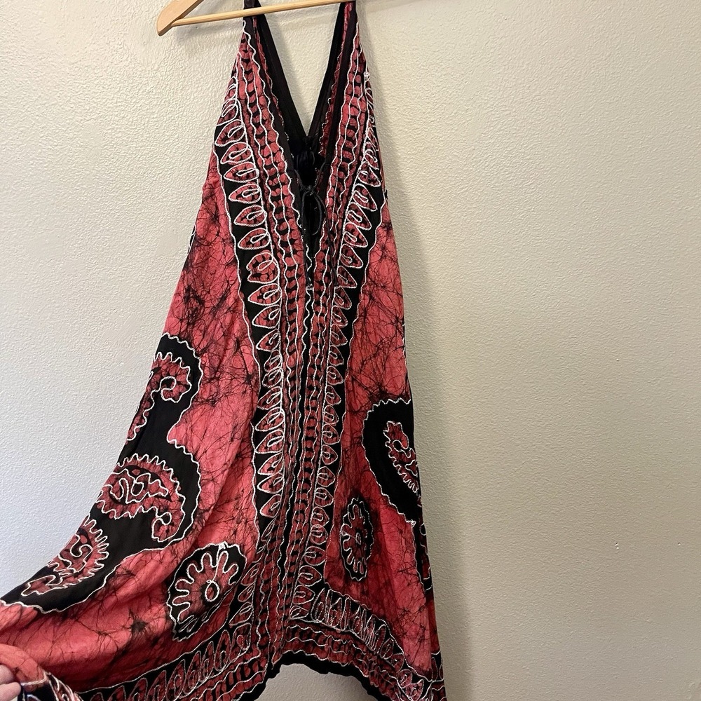 Asymmetrical Embroidered Boho Batik Halter Dress‎ Coral Pink Black Hippie XS/S
